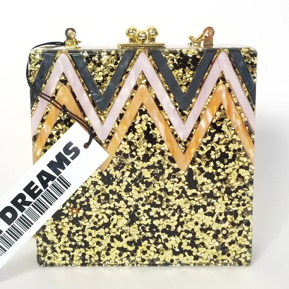 LIKE DREAMS Alexa Confetti Glitter Acrylic Purse Clutch Gold Black Crossbody New